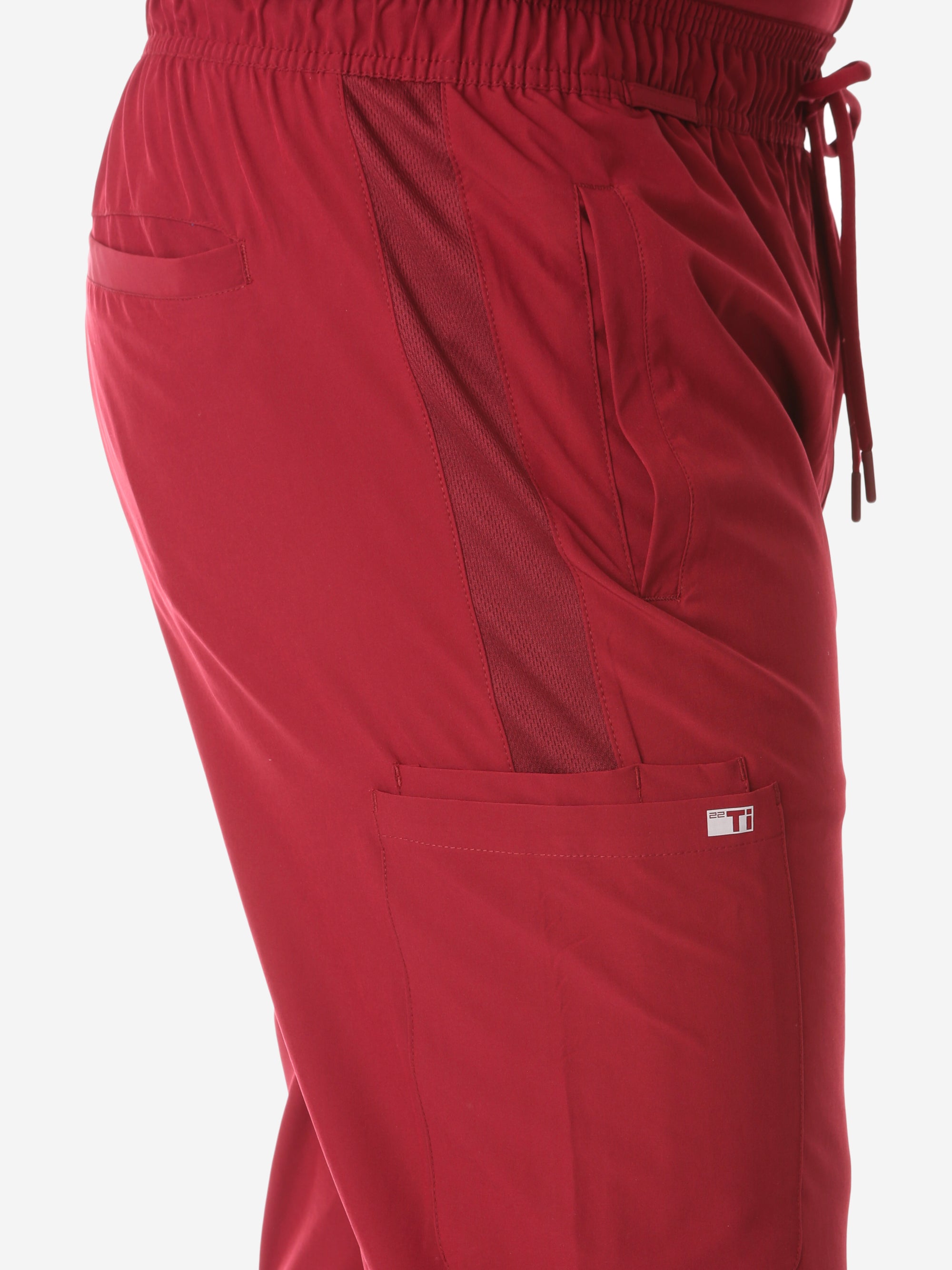 TiScrubs Bold Burgundy Men's 9-Pocket Scrub Pants Closeup Mesh Stripe and Cargo Pocket Side View