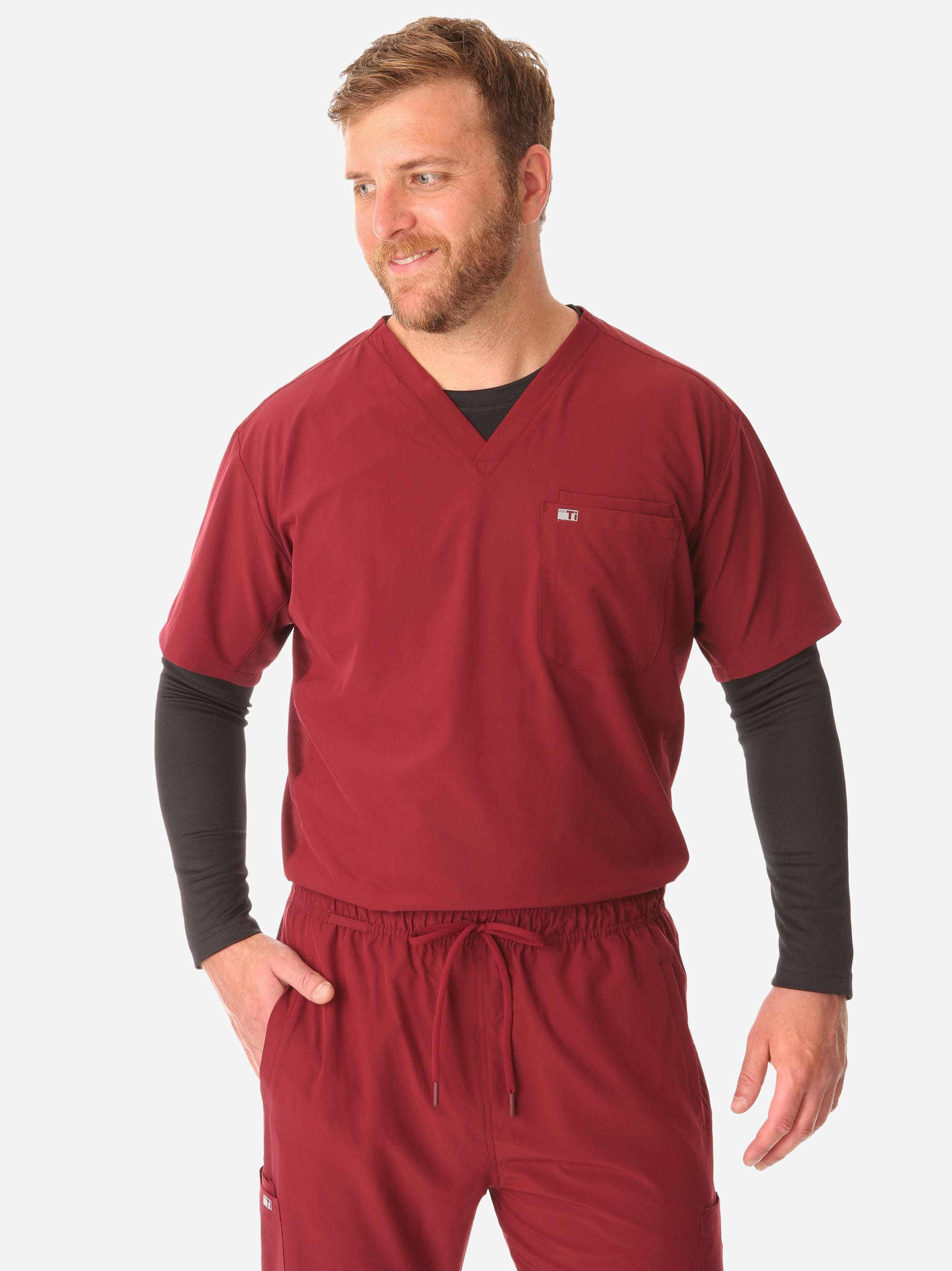 TiScrubs Men's Stretch Bold Burgundy Double-Pocket Scrub Top with Long-Sleeve Black Underscrub Top Only ont
