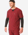 TiScrubs Real Black Men's Long-Sleeve Underscrub Tucked Top Only Front with Scrub Cap and Bold Burgundy Scrubs