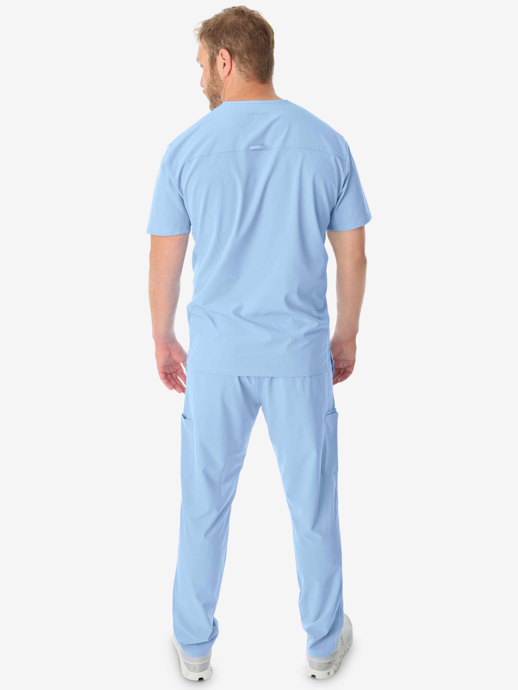 Men's 9-Pocket Scrub Pants Ceil Blue with Double-Pocket Scrub Top Back