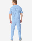 Men's 9-Pocket Scrub Pants Ceil Blue with Double-Pocket Scrub Top Back