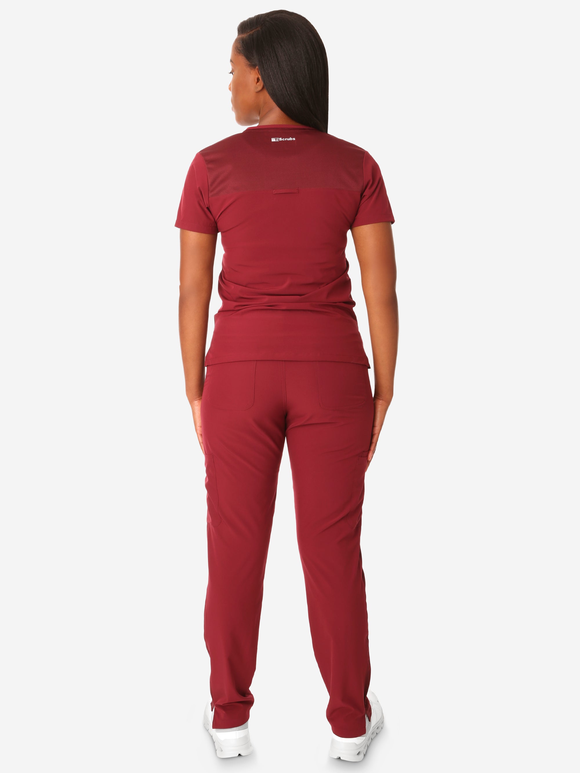 TiScrubs Women's Stretch Bold Burgundy One-Pocket Tuckable Scrub Top and 9-Pocket Pants Untucked  Full Body Back
