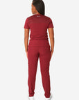 TiScrubs Women's Stretch Bold Burgundy One-Pocket Tuckable Scrub Top and 9-Pocket Pants Untucked Full Body Back