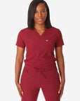 TiScrubs Women's Stretch Bold Burgundy One-Pocket Tuckable Scrub Top Tucked Top Only Front