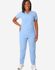 TiScrubs Women's Stretch Ceil Blue One-Pocket Tuckable Scrub Top and 9-Pocket Pants Untucked Full Body Front