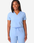 TiScrubs Women's Stretch Ceil Blue One-Pocket Tuckable Scrub Top Tucked Top Only Front