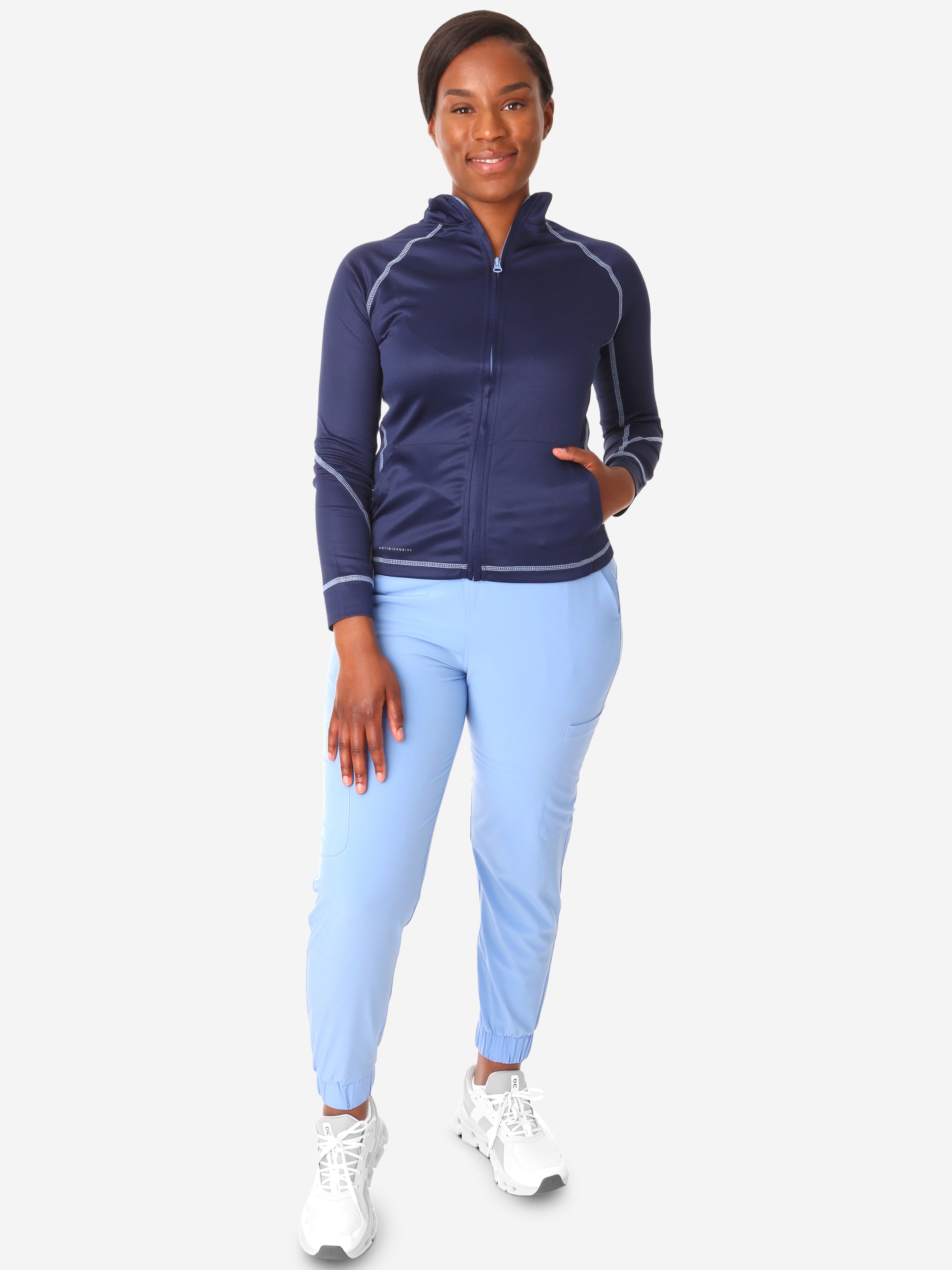 Women's Mesh Scrub Jacket Navy Blue Front View Full Body Plus Ceil Blue Stretch Scrubs