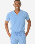 TiScrubs Men's Ceil Blue Double-Pocket Scrub Top Only Tucked Top Front