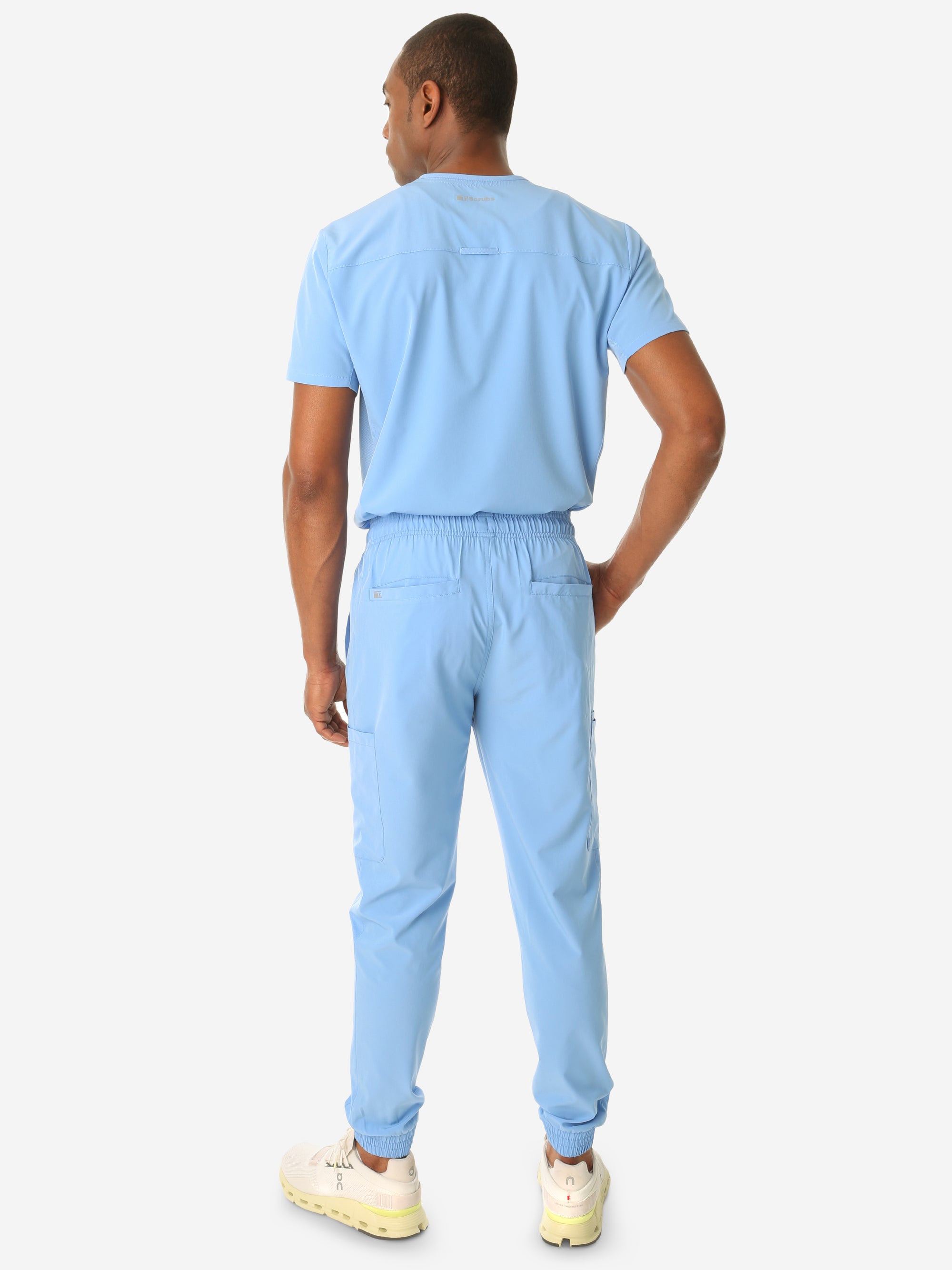 TiScrubs Men's Stretch Ceil Blue Jogger Scrub and Double-Pocket Top Tucked Full Body Back