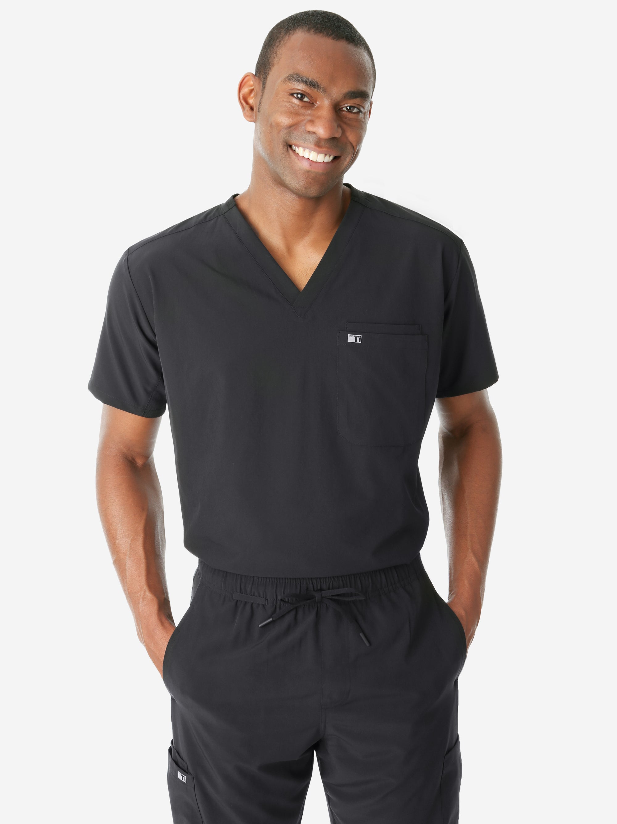 TiScrubs Men's Real Black Double-Pocket Top Only Tucked Front