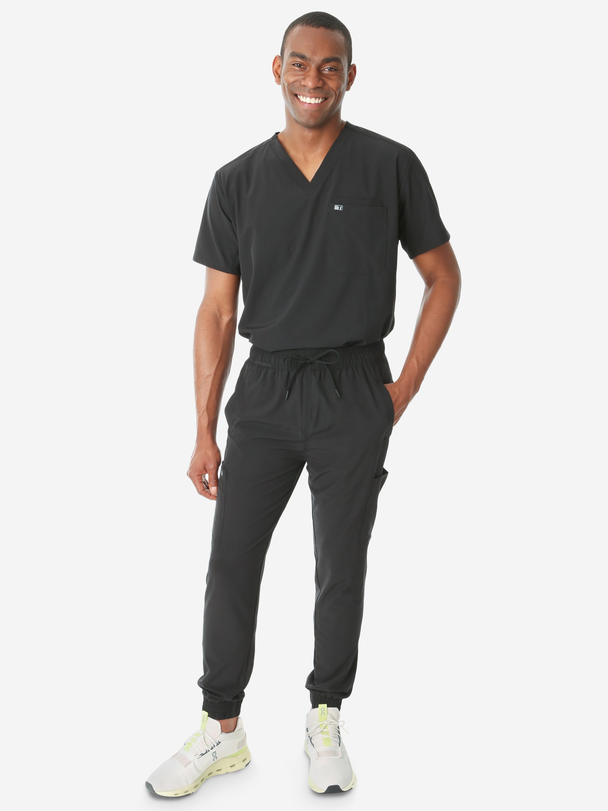 TiScrubs Men's Real Black Double-Pocket Top Tucked and Joggers Full Body Front
