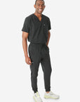 TiScrubs Stretch Real Black Jogger Scrub Pants and Double Pocket Top Tucked Full Body Front