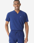 Men's Double-Pocket Scrub Top Navy Blue Tucked Front View
