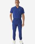 Men's Double-Pocket Scrub Top Navy Blue Tucked Front View
