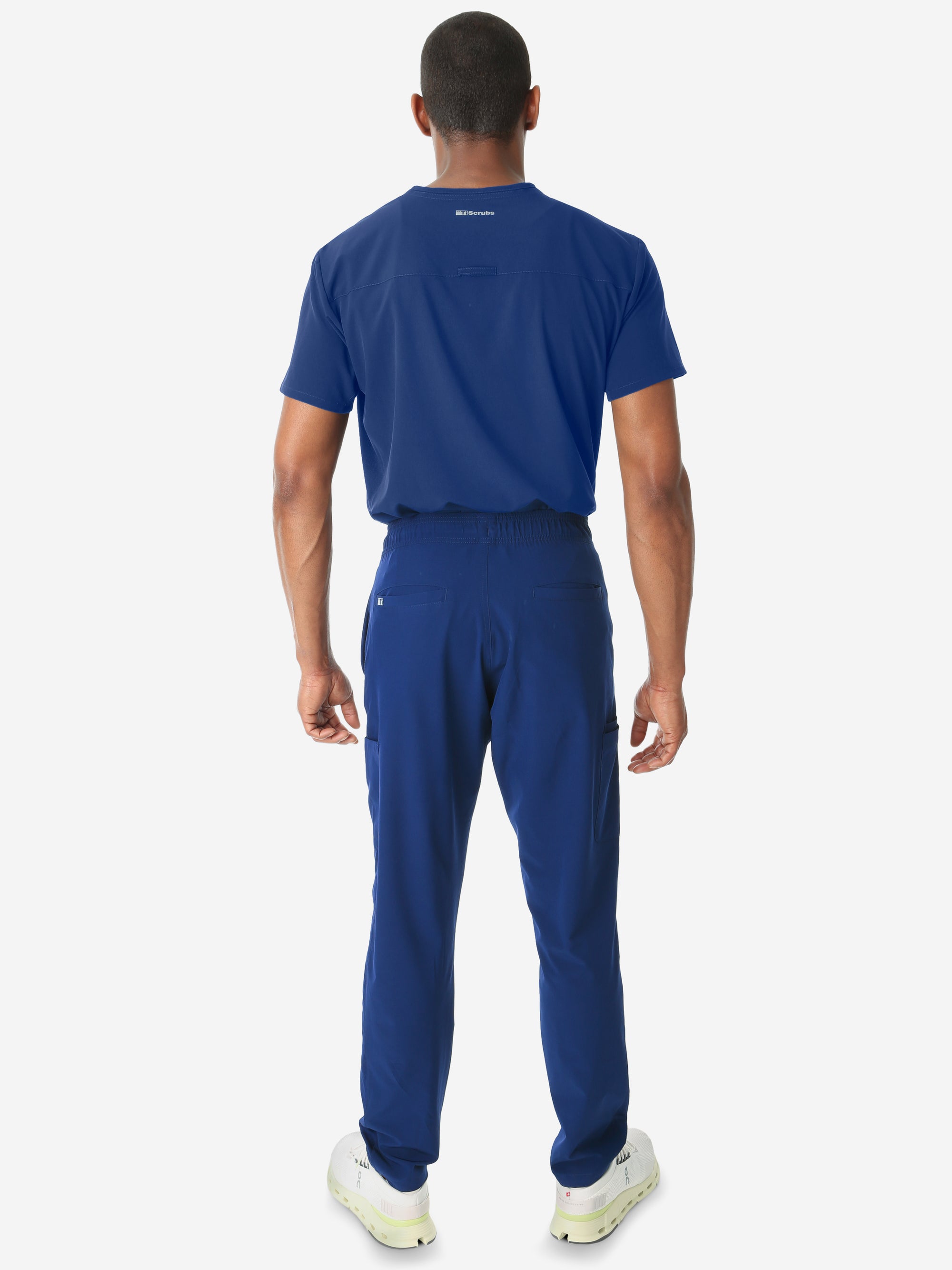 Men's Double-Pocket Scrub Top Navy Blue Tucked Back View