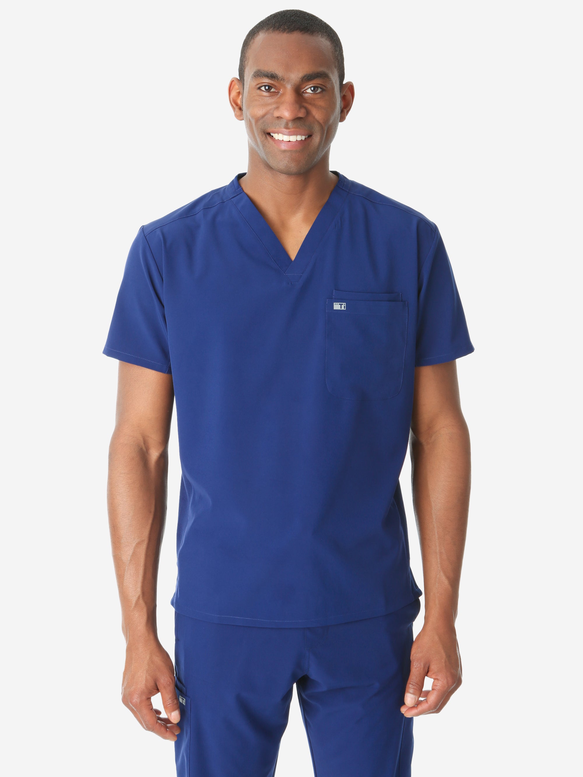 Men's Double-Pocket Scrub Top Navy Blue Untucked Front View