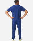 Men's Double-Pocket Scrub Top Navy Blue Untucked Back View with 9-Pocket Pants