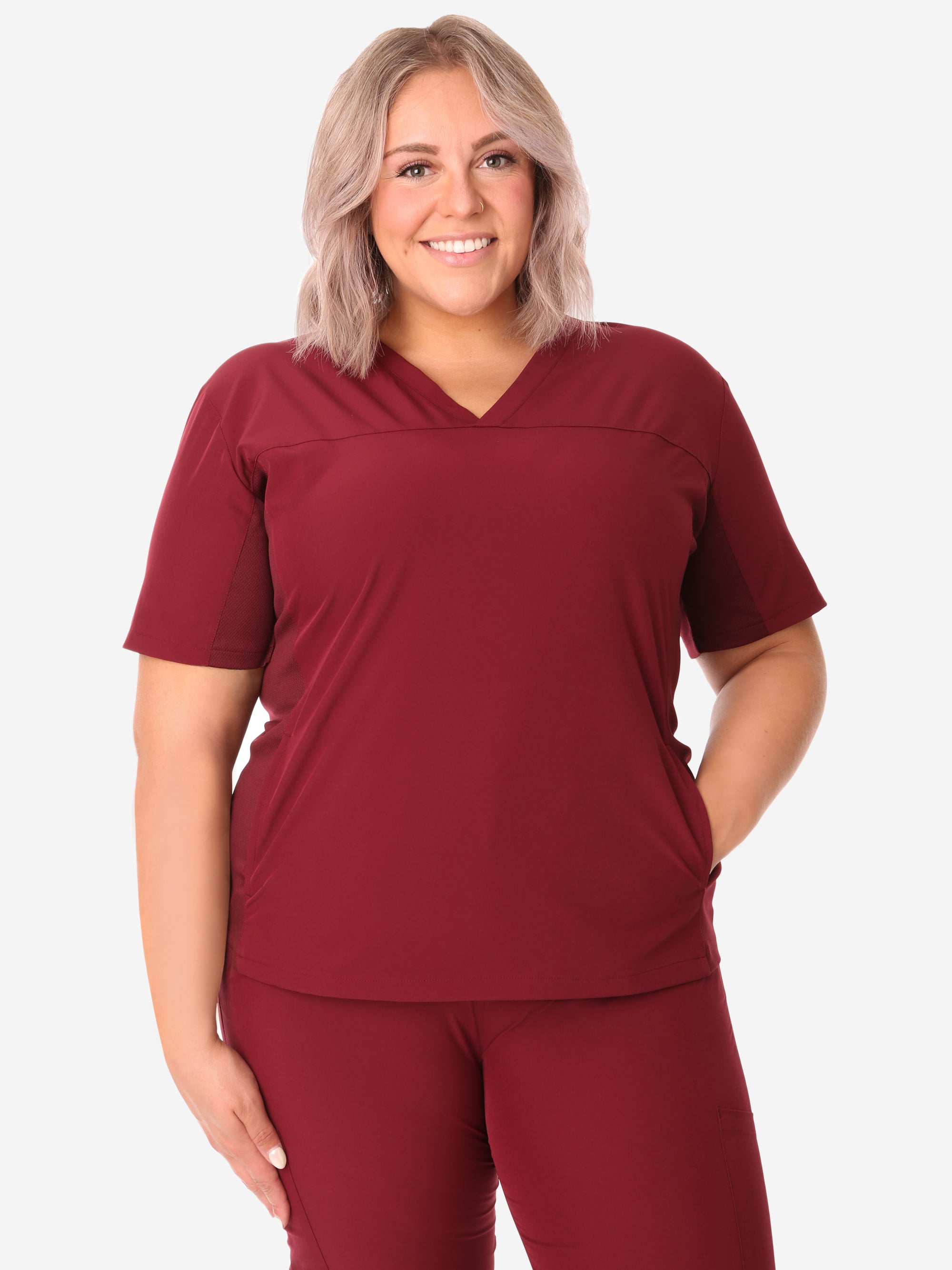 TiScrubs Women's Bold Burgundy Stash-Pocket Scrub Top Top Only Front