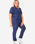 TiScrubs Navy Blue Women's Stretch 9-Pocket Pants and Stash-Pocket Top Side View Full Body