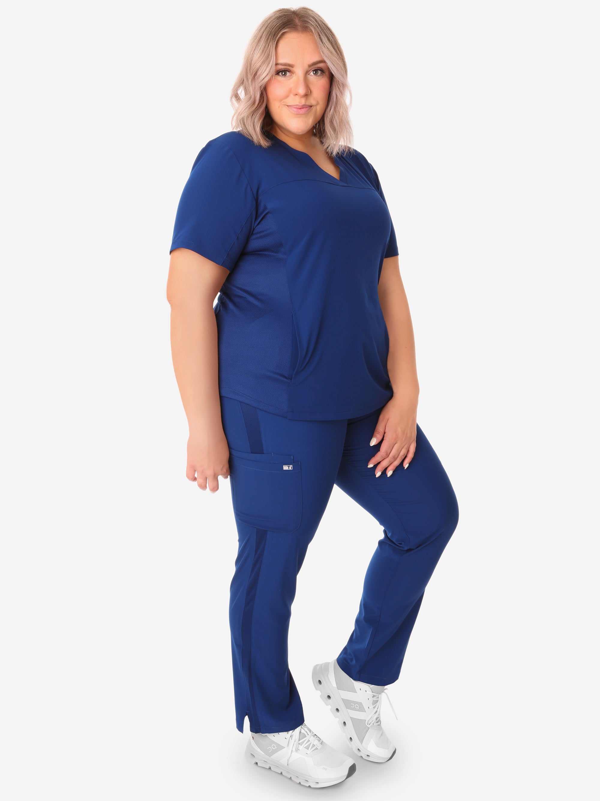 Women's Navy Blue 9-Pocket Pants Full Body Side View with Stash-Pocket Top
