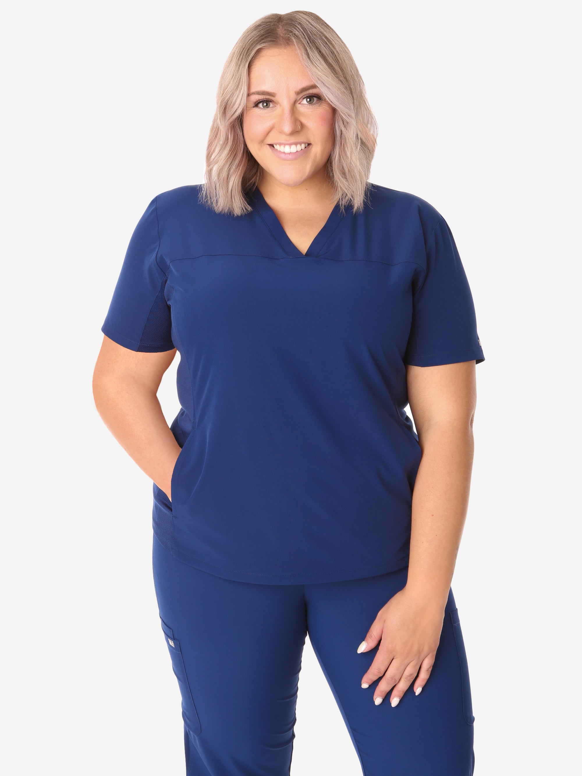 Women's Navy Blue Stash-Pocket Scrub Top Front View