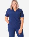 Women's Navy Blue Stash-Pocket Scrub Top Front View