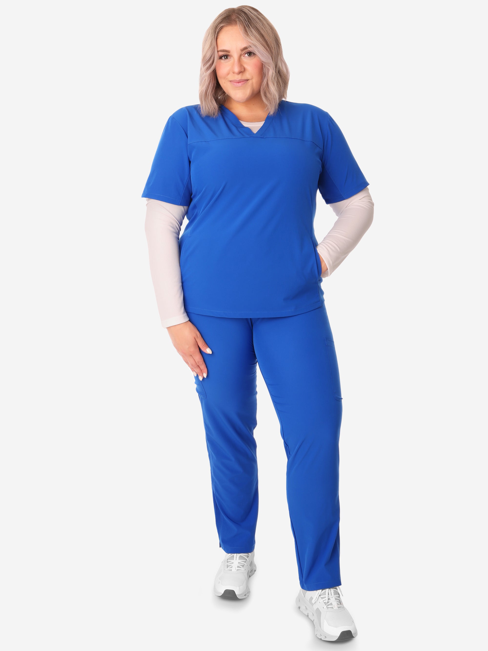 Women's Stash-Pocket Scrub Top Royal Blue with 9-Pocket Scrub Pants Front View