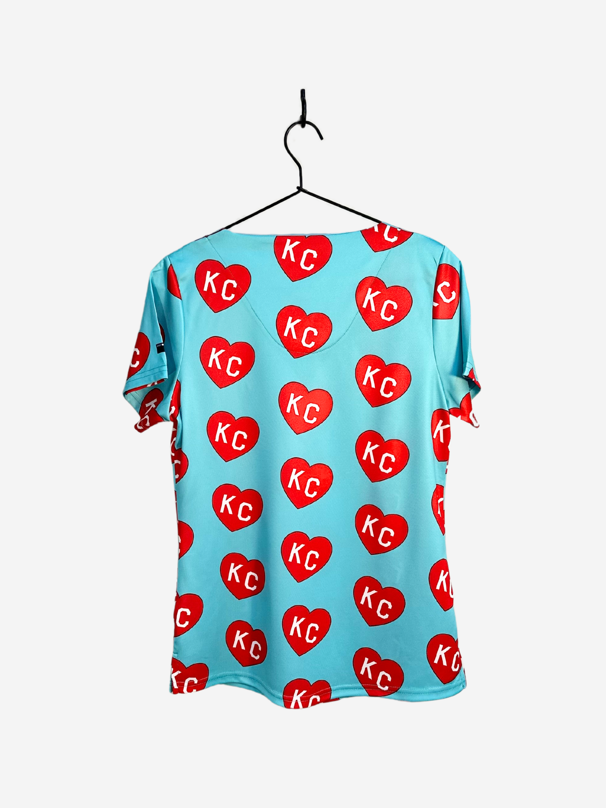 Women&#39;s Charlie Hustle Scrub Top Kansas City Current All-Over KC Heart Back View