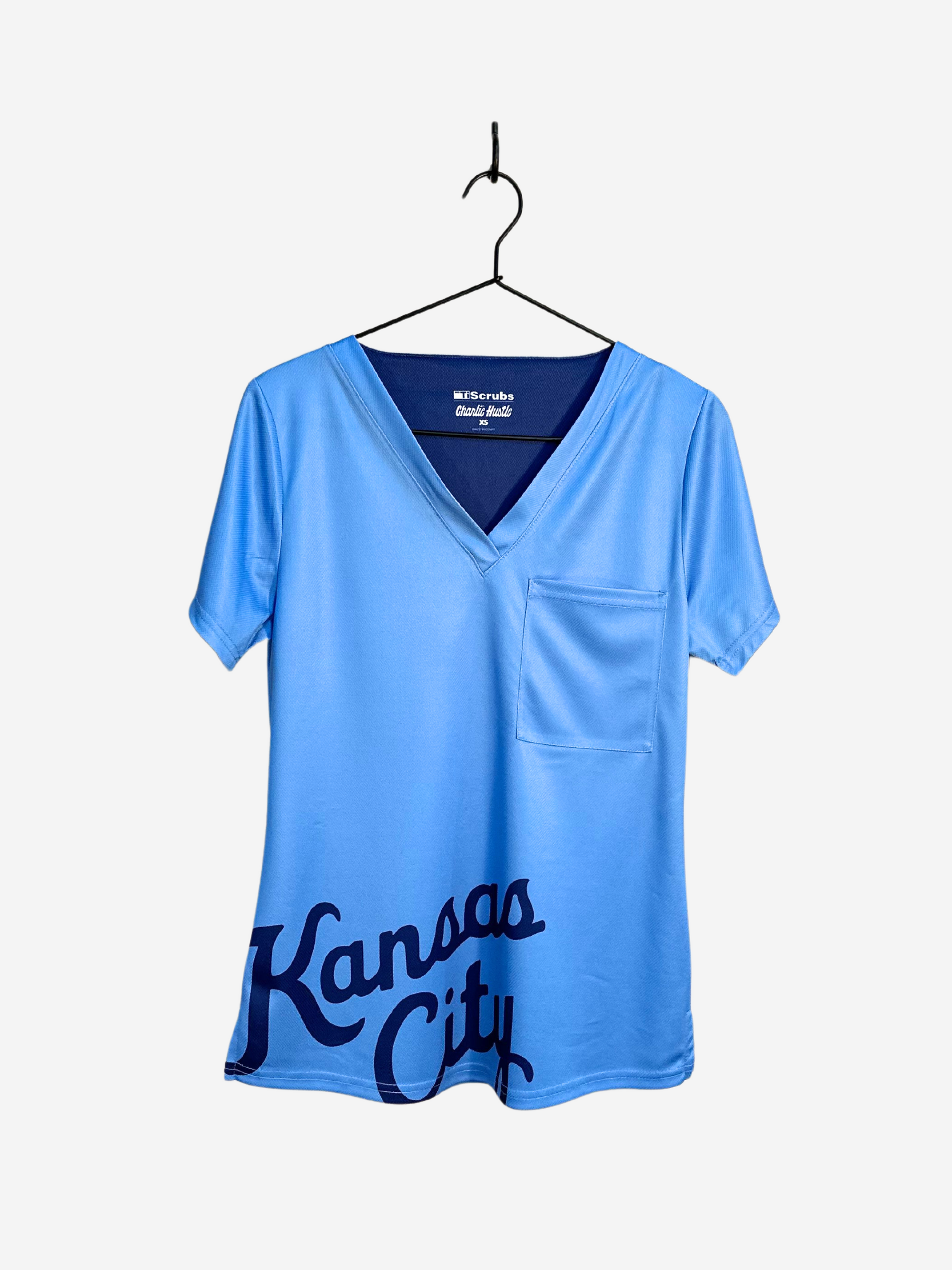 Women's Charlie Hustle Kansas City Script Scrub Top Light Blue and Navy Front View