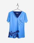 Women's Charlie Hustle Kansas City Script Scrub Top Light Blue and Navy Front View