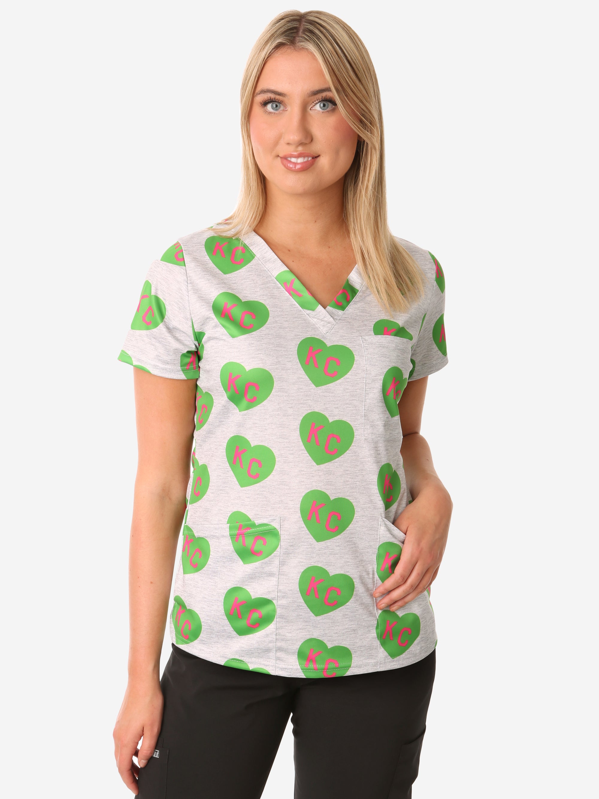Women's Charlie Hustle All-Over KC Heart Scrub Top Three Pocket Green and Pink Front View Top Only