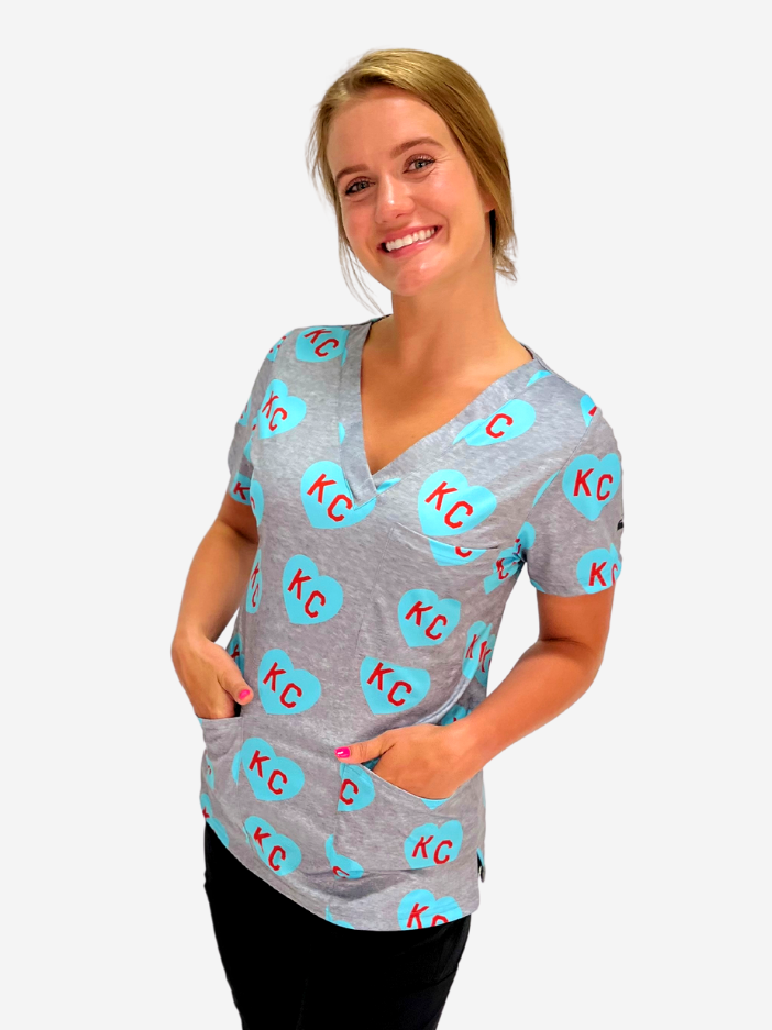 Women's Charlie Hustle All-Over Heart Scrub Top Turquoise Kansas City Women's Soccer