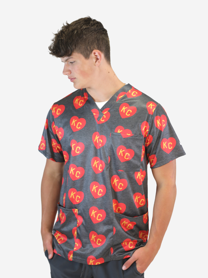 Charlie Hustle All-Over KC Heart Red Gold Scrub Top Male Model