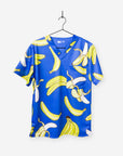Men's Banana Print Scrub Top in Royal Blue chest pocket