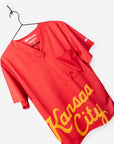 Men's Charlie Hustle Print Scrub Top with Kansas City Script in Red and Gold with Vneck