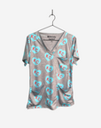 Women's Charlie Hustle Print Scrub Top in Turquoise and Red with 3 Pockets