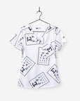 women's ophthalmology print scrub top white with black eye charts print