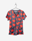 Women's Charlie Hustle Print Scrub Top in Red and Gold with 3 Pockets