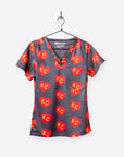 Women's Charlie Hustle Print Scrub Top in Red and Gold hearts and 1 pocket