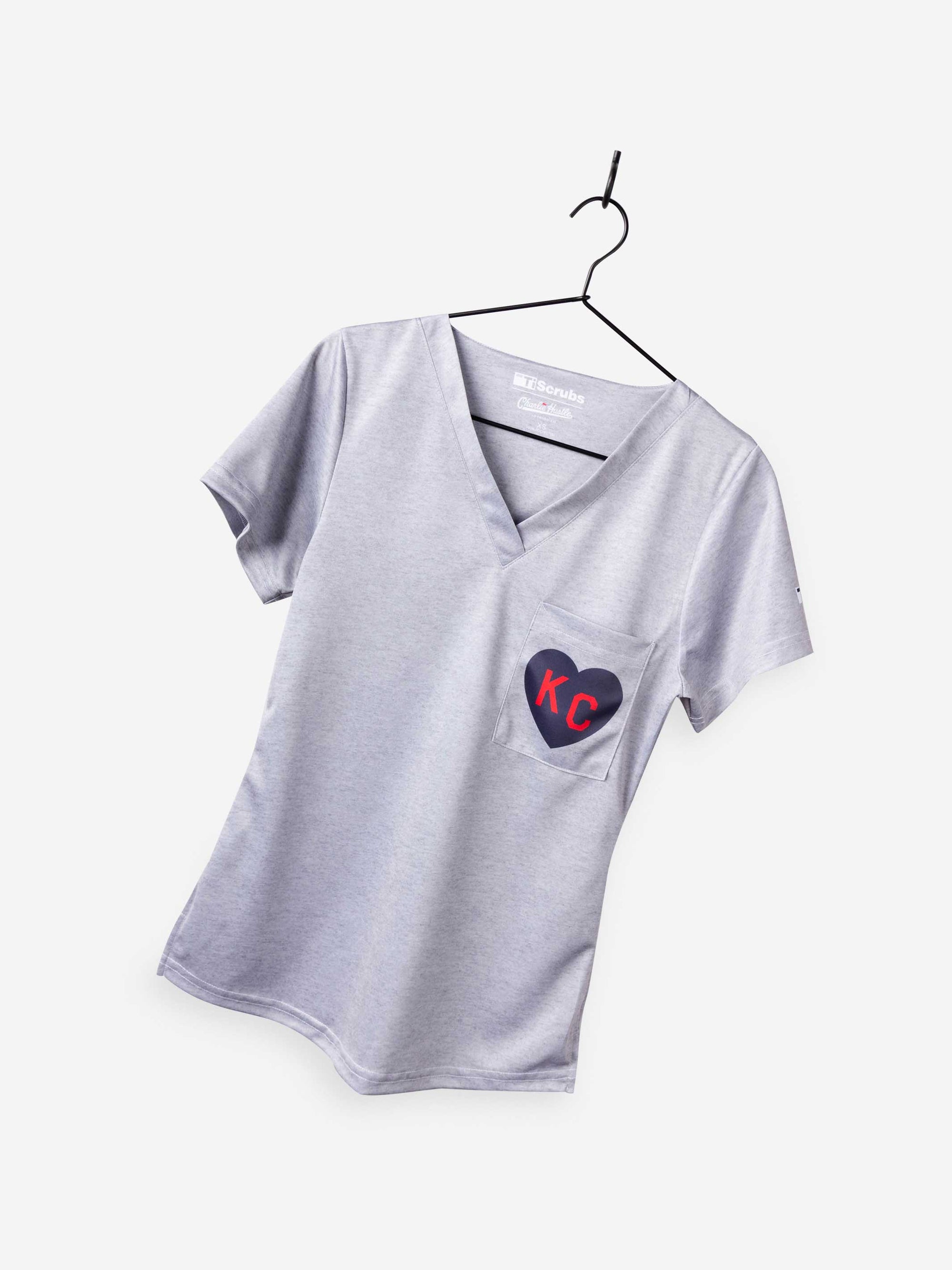 Women's Charlie Hustle Scrub Top KC Heart in Navy and Red and heather gray