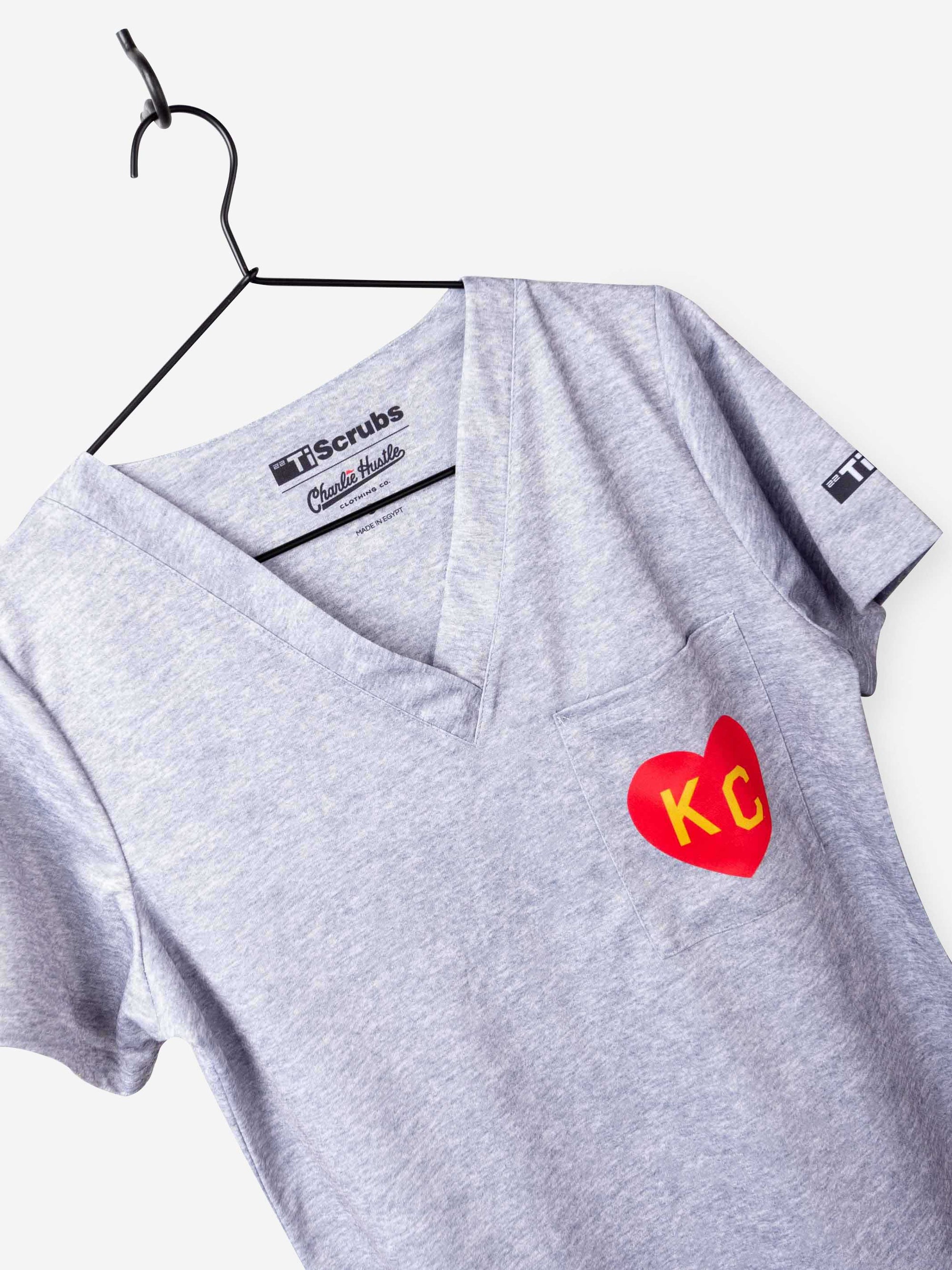 Women's Charlie Hustle Scrub Top KC Heart in Red and Gold Chiefs One Pocket