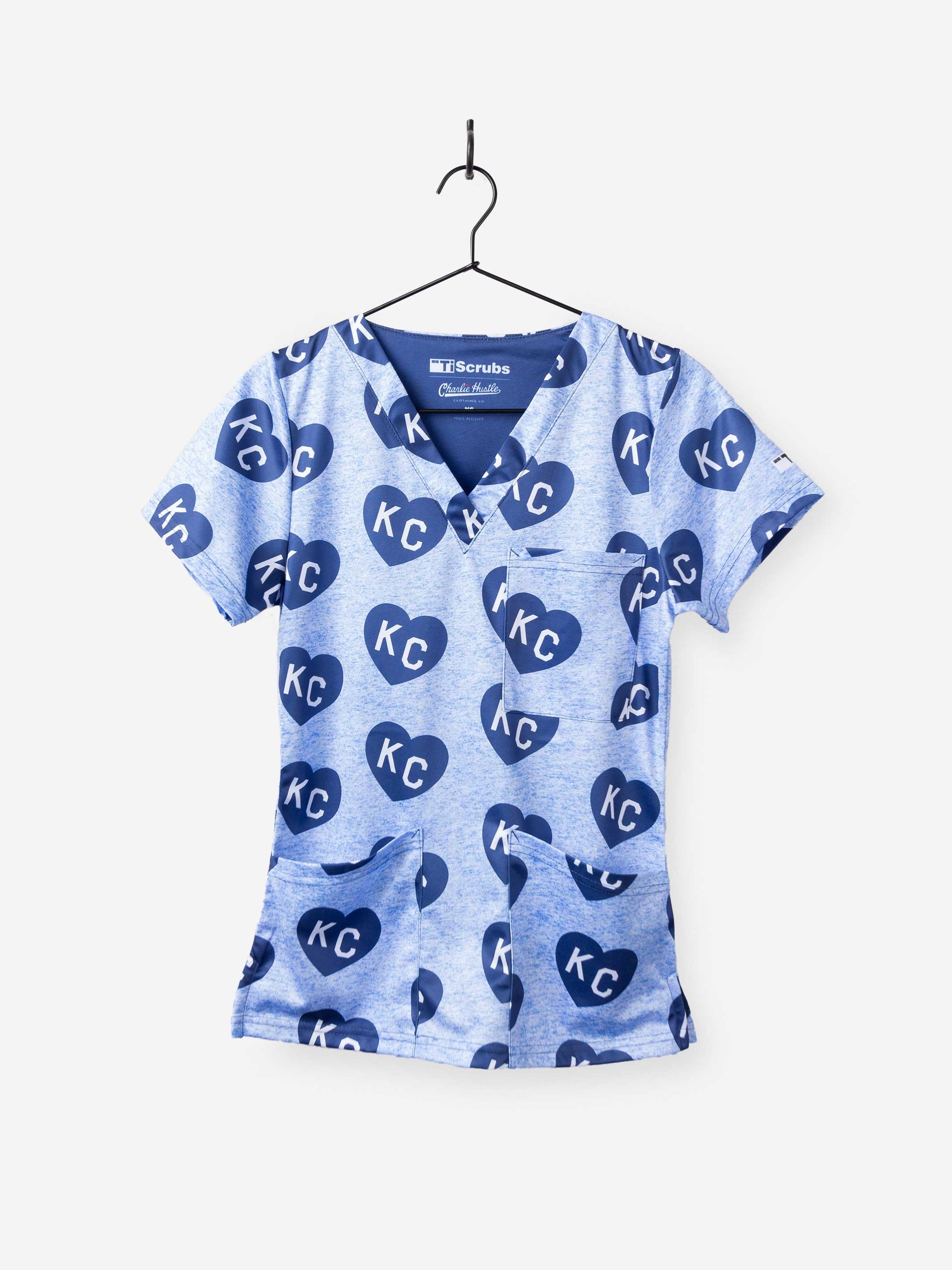 Women's Charlie Hustle Print Scrub Top in Navy and Ceil Blue with 3 Pockets KC Heart Print