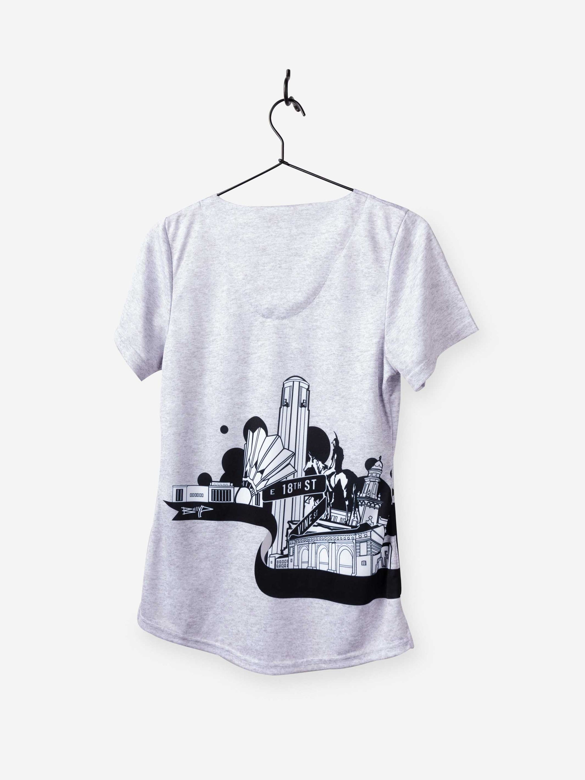 Women's Kansas City Skyline Print Scrub Top in heather gray with wrap around artwork