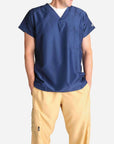 mens short sleeve navy blue scrub top and khaki pants front