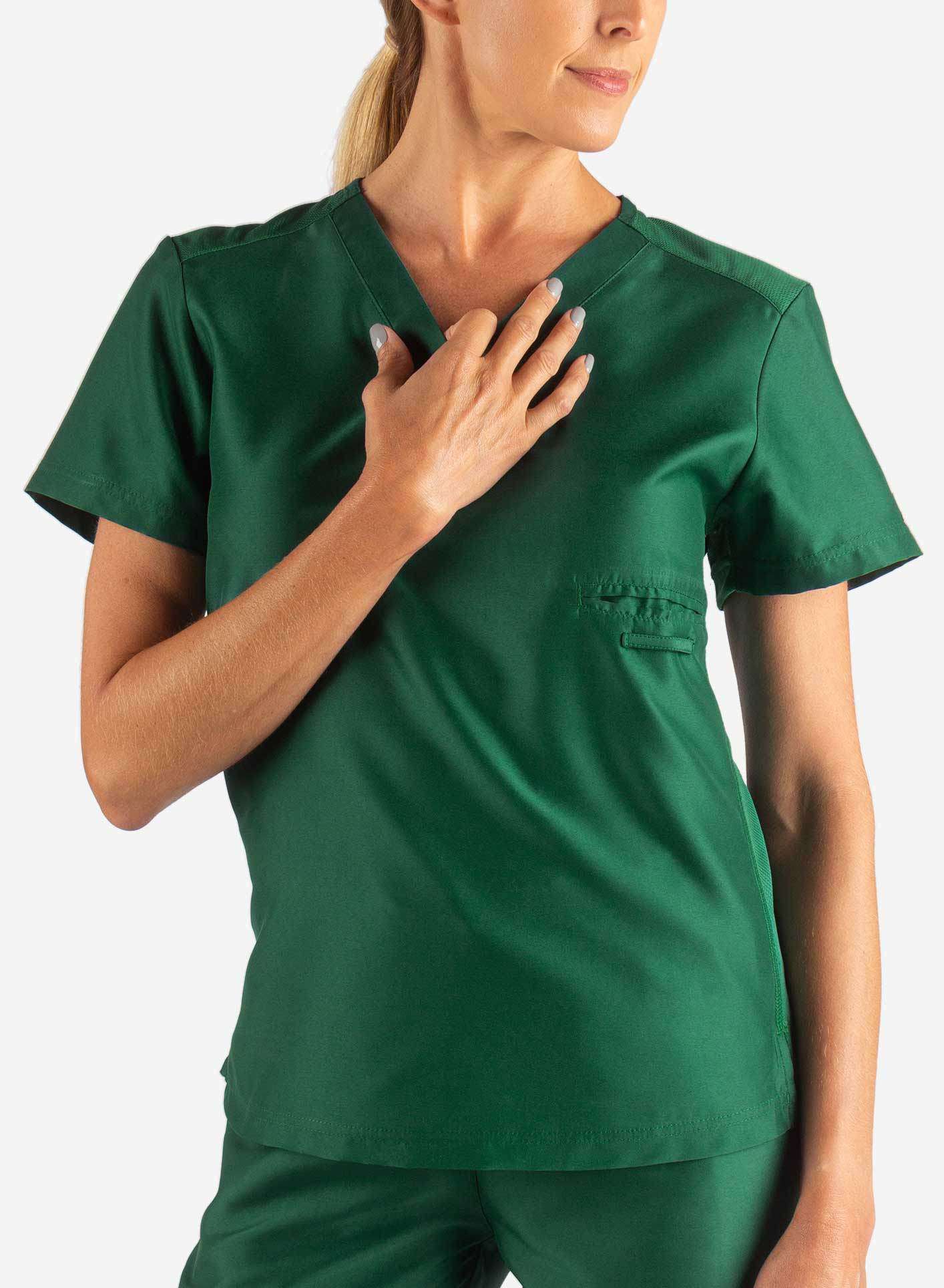 Women&#39;s Fitted Scrub Top in Dark Green Front