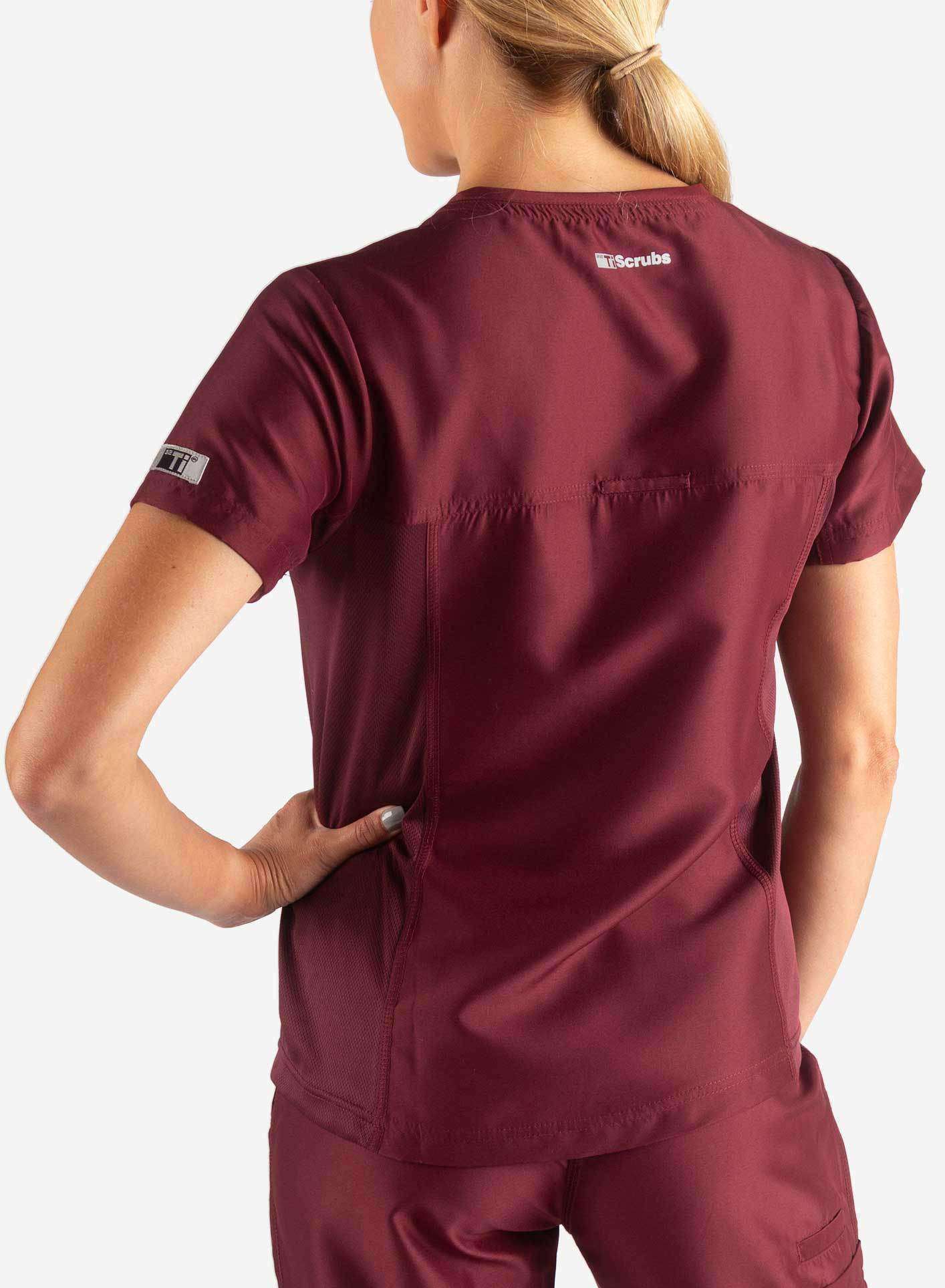womens Elements short sleeve hidden pocket scrub top Bold burgundy