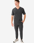 Men's Charocal Gray Five-Pocket Scrub Top Full Body Front View with Joggers