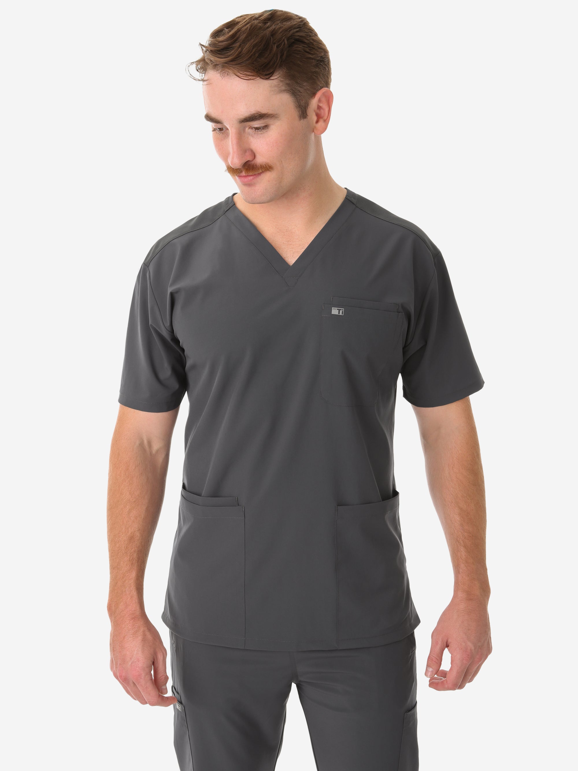 Men&#39;s Charocal Gray Five-Pocket Scrub Top Only Front View