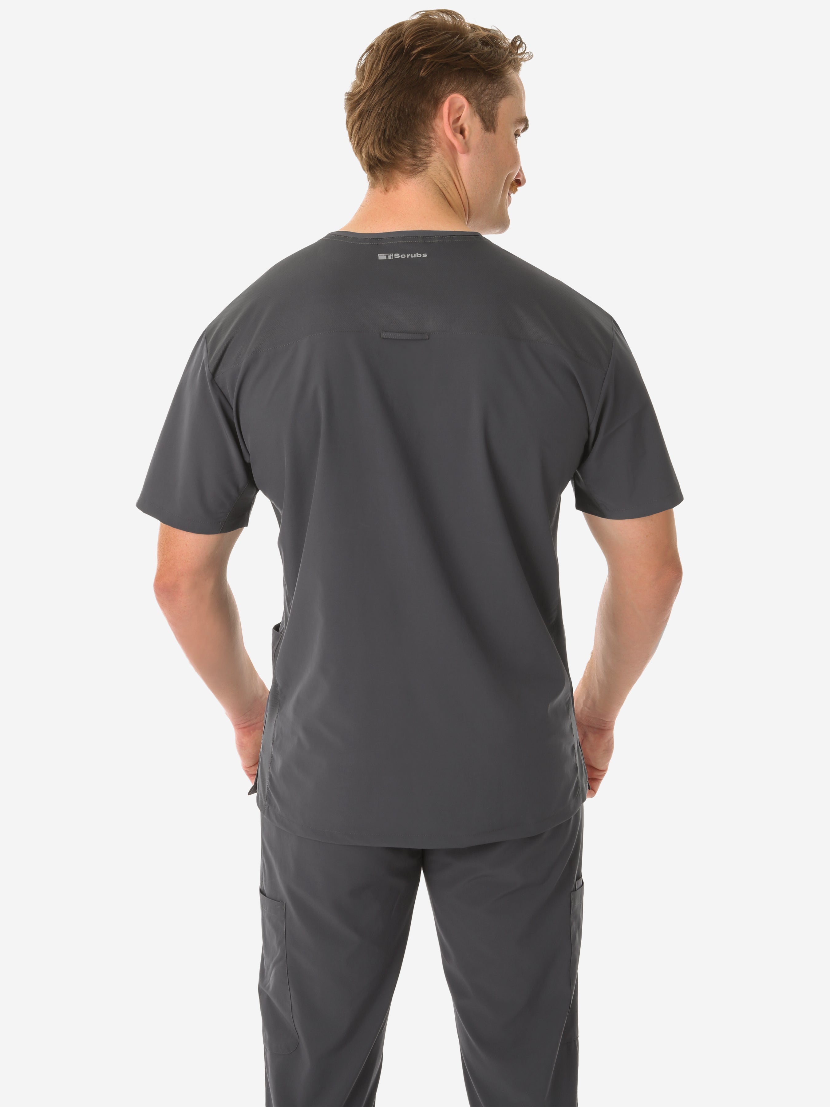 Men&#39;s Charocal Gray Five-Pocket Scrub Top Only Back View