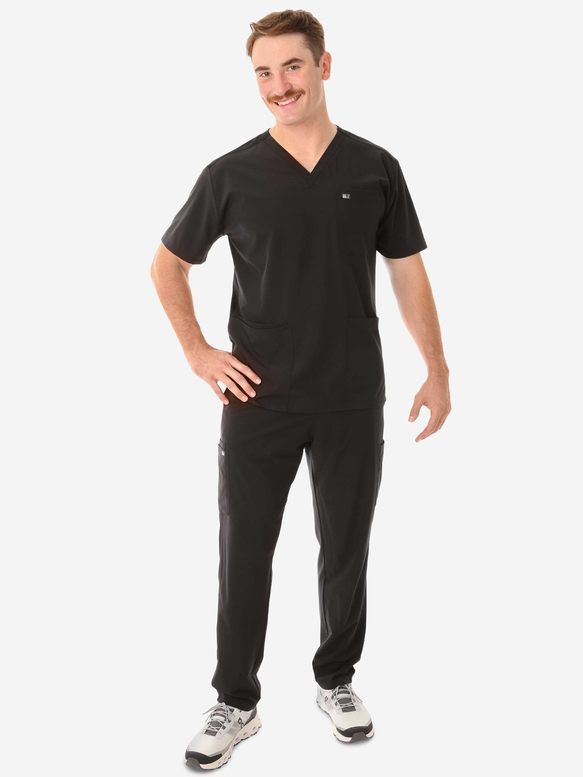 Men&#39;s Real Black Five-Pocket Scrub Full Body Front View with 9-Pocket Pants